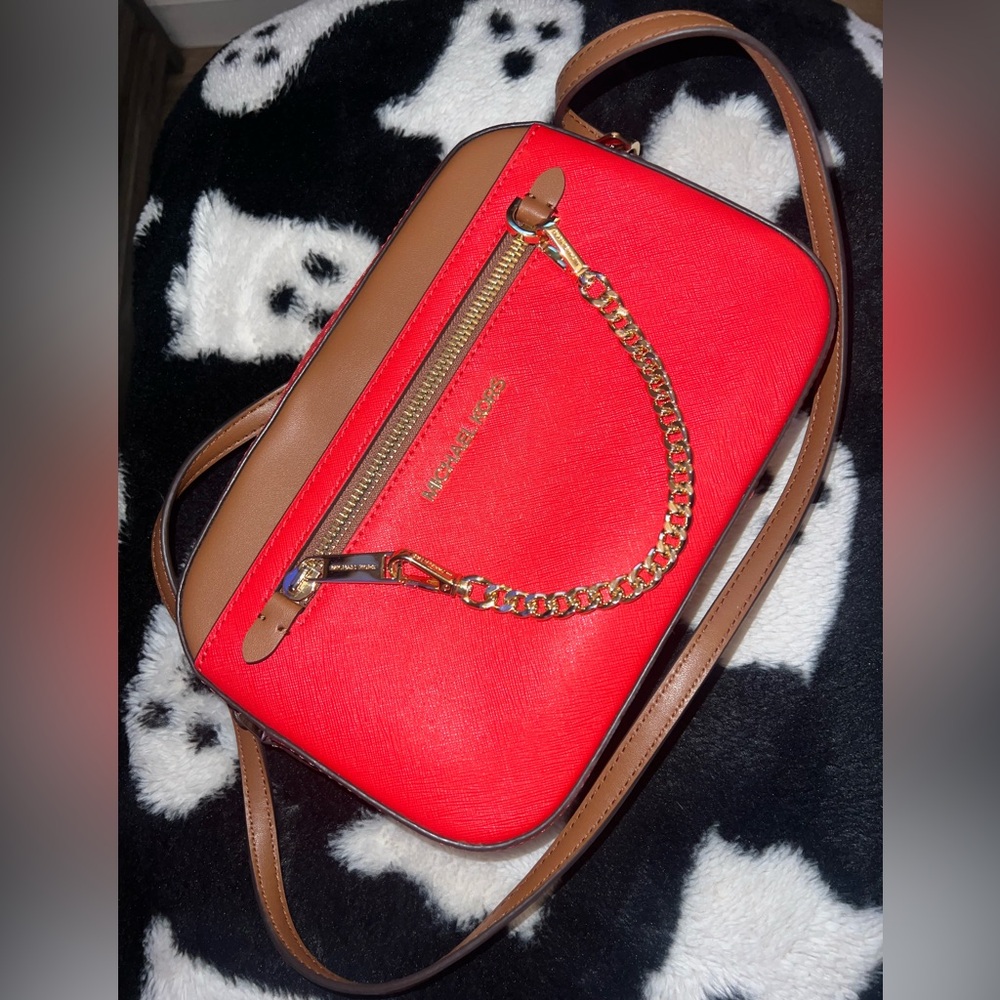 Michael Kors Vibrant Red and Brown Crossbody Bag